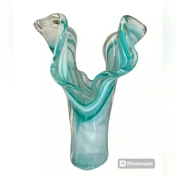 Murano Style Art Glass Handkerchief Stretch Vase, Teal Blue Crystal Edge 11” - Picture 1 of 12
